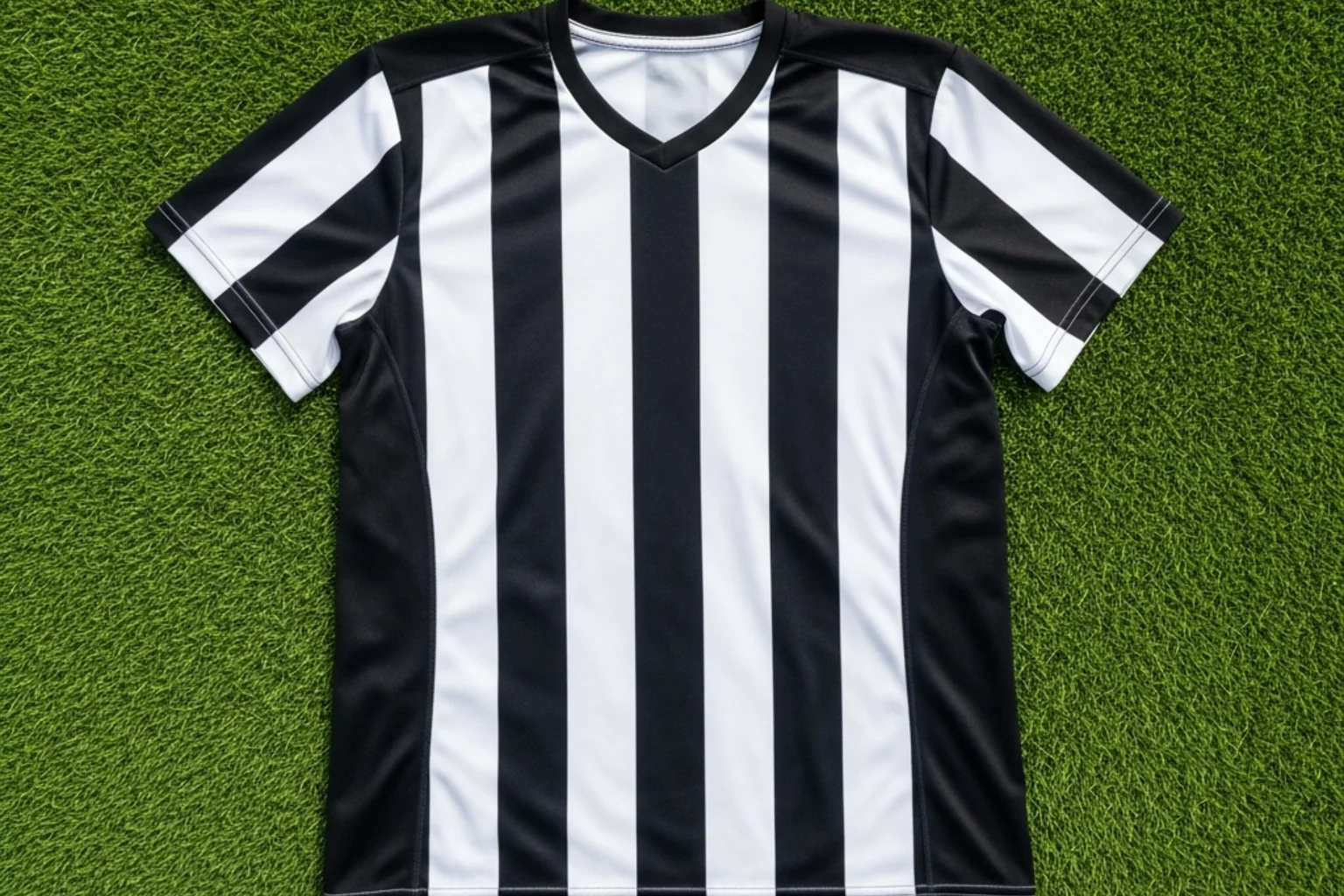 Camiseta de fútbol con franjas verticales blancas y negras sobre césped de estadio