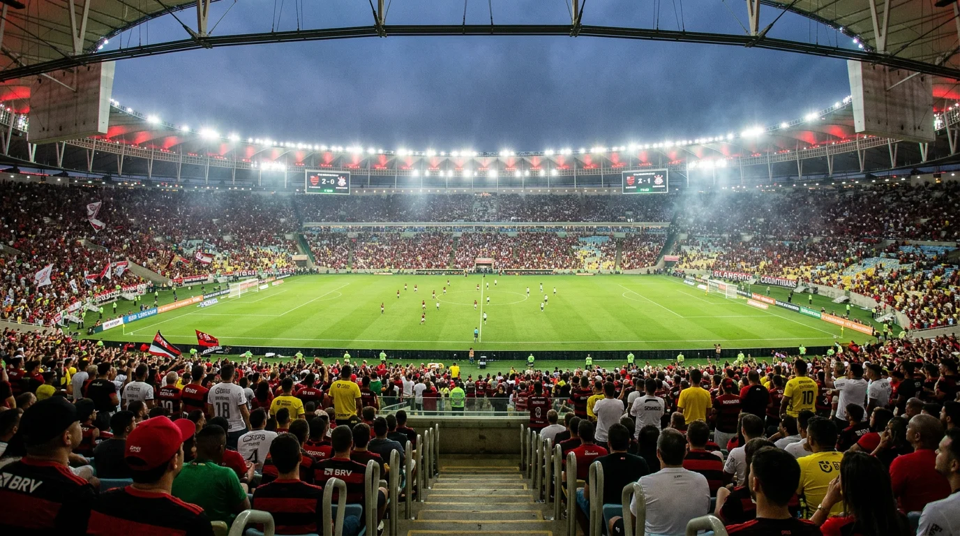 Estadio de fútbol brasileño iluminado durante un partido nocturno con público en las gradas