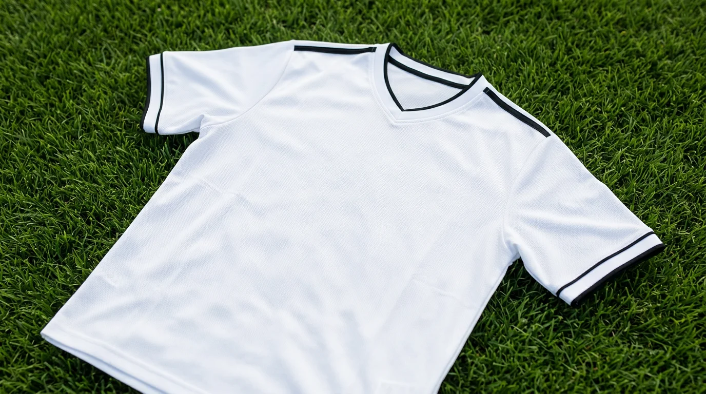 Camiseta blanca y negra de fútbol sobre césped de estadio