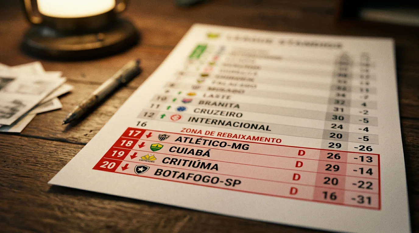 Zona baja de una tabla de clasificación de fútbol con los últimos puestos resaltados en rojo