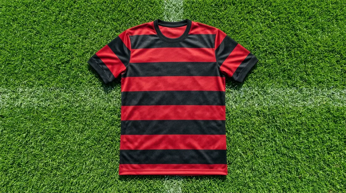 Camiseta rojinegra de fútbol sobre un césped verde de estadio profesional