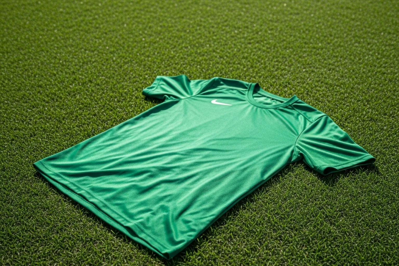 Camiseta verde de fútbol sobre césped de estadio profesional
