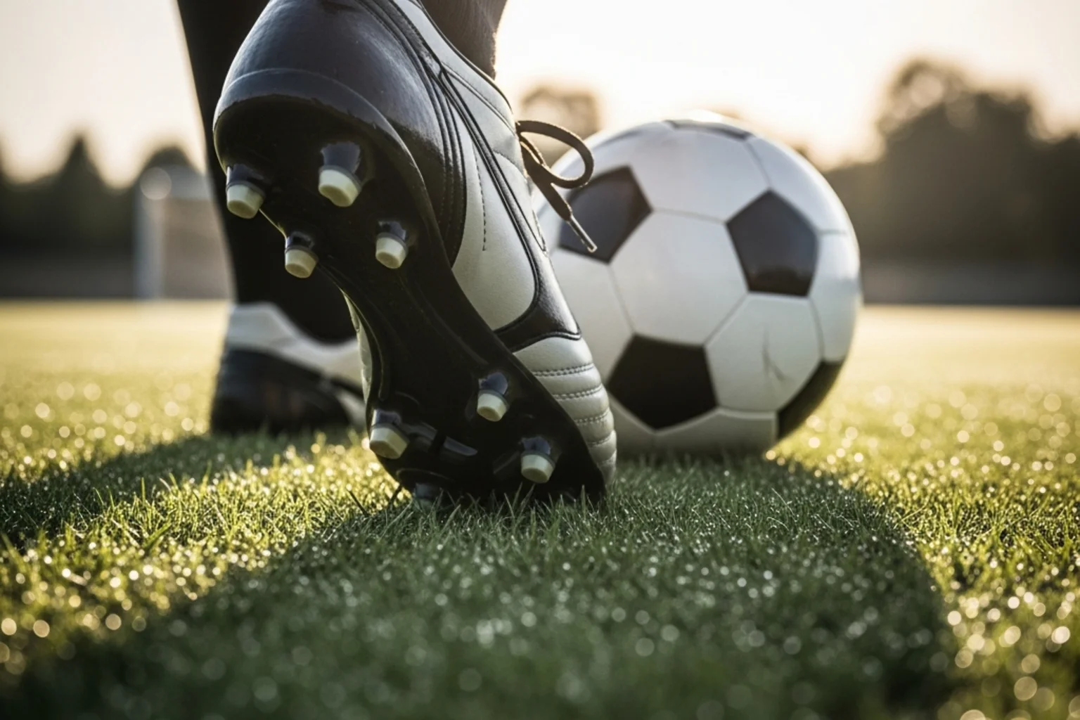 Bota de fútbol profesional sobre césped natural con un balón cerca listo para el disparo