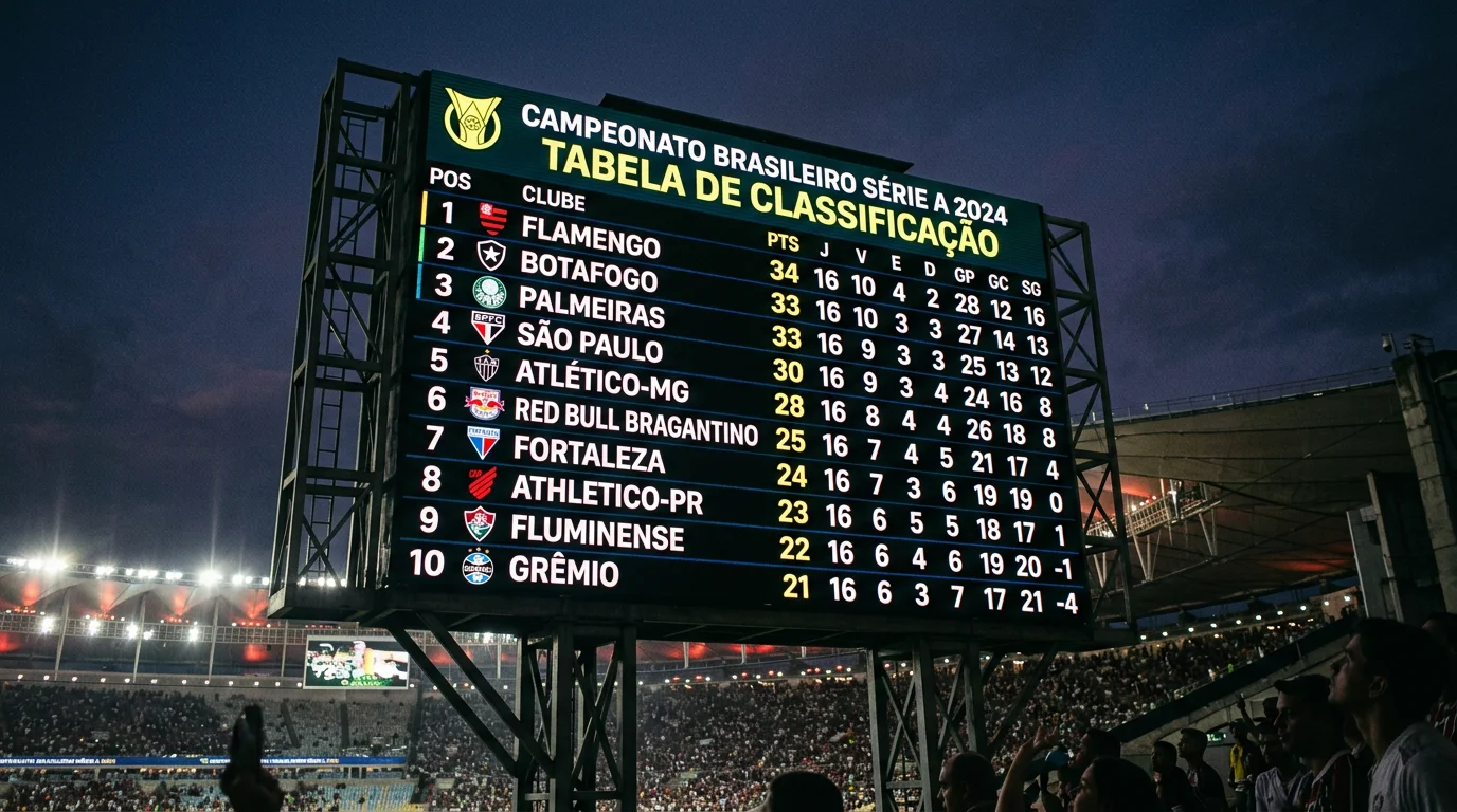 Marcador electrónico de estadio mostrando una clasificación deportiva con números iluminados