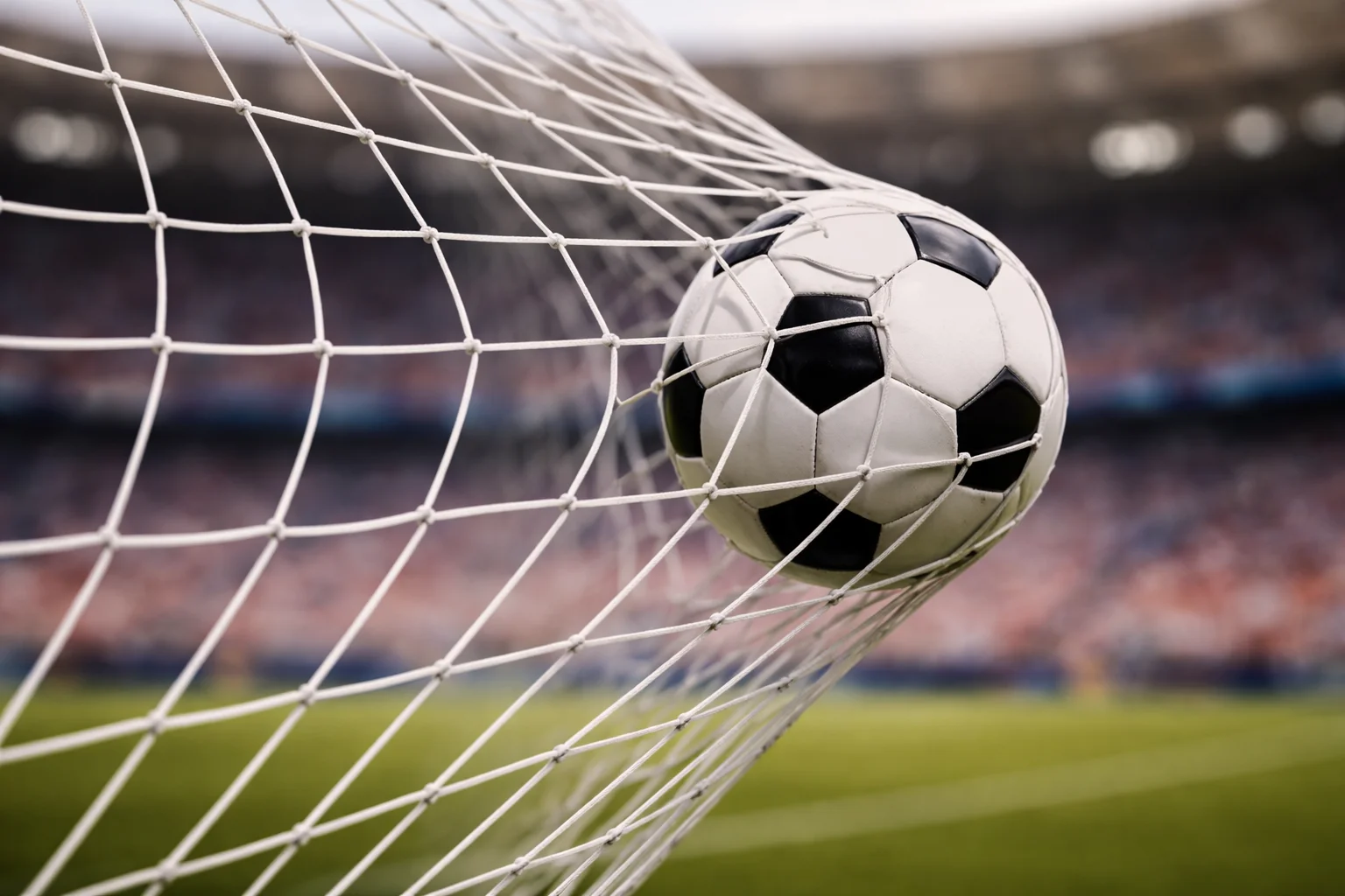 Balón de fútbol entrando en la portería con la red deformándose por el impacto del gol