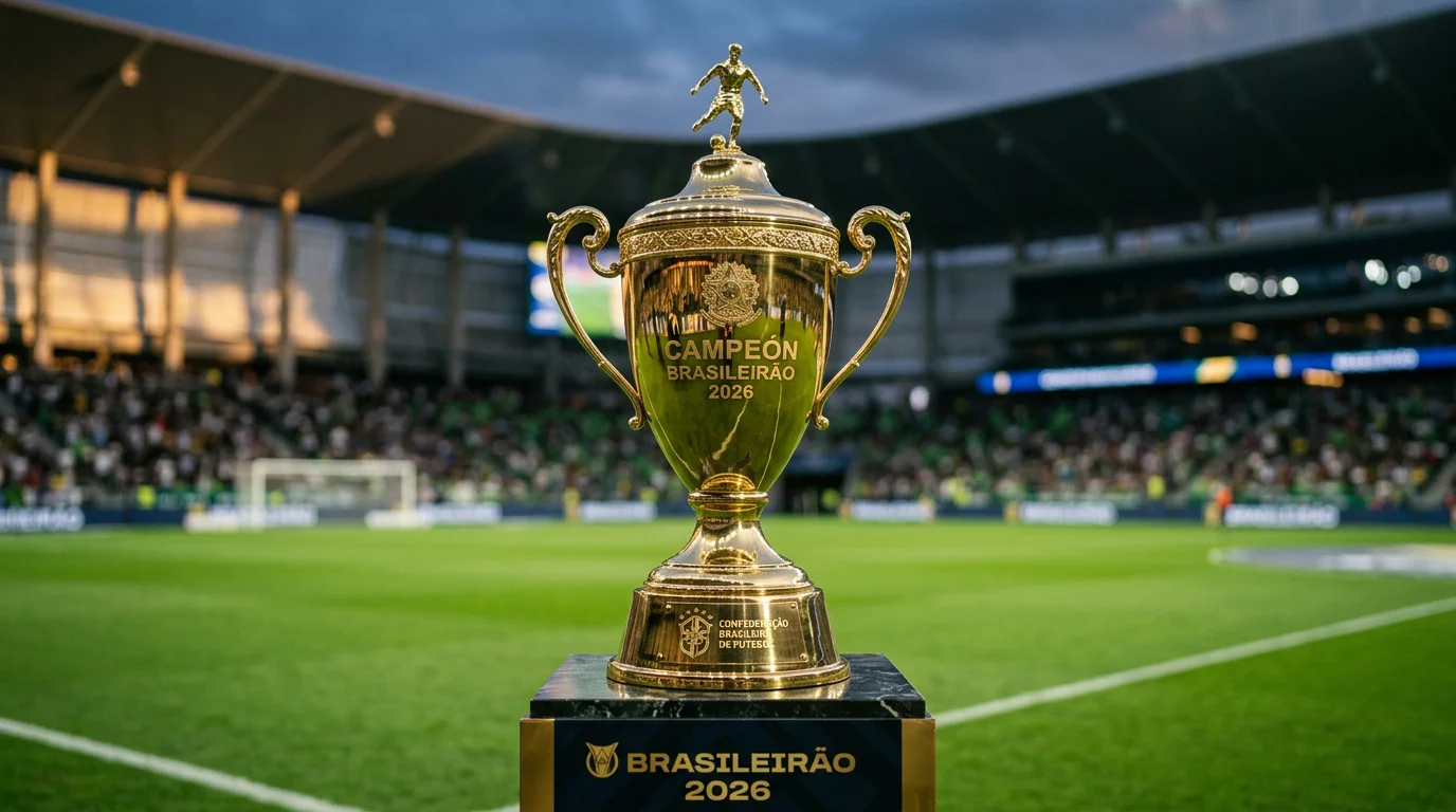 Trofeo dorado de campeonato de fútbol sobre un pedestal con césped de estadio al fondo