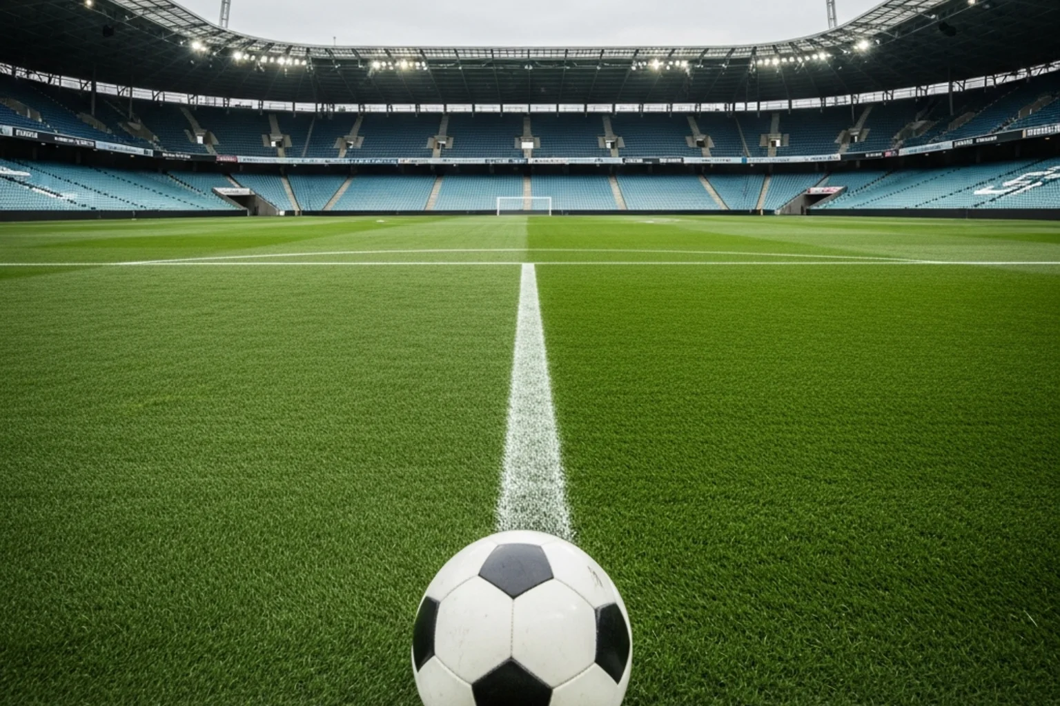 Dos caminos de césped en un campo de fútbol que convergen hacia una portería al fondo