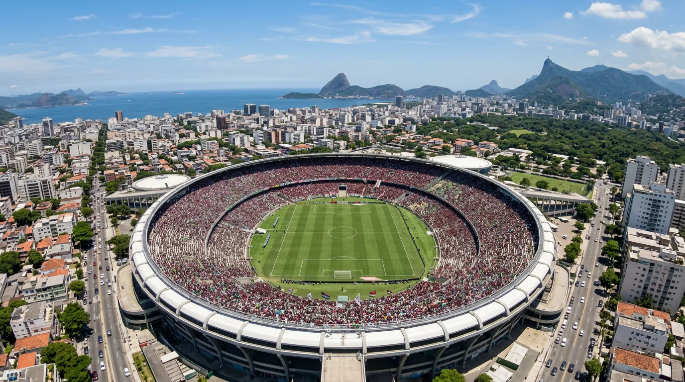 Vista aérea de un estadio de fútbol brasileño rodeado de ciudad con las gradas llenas de aficionados