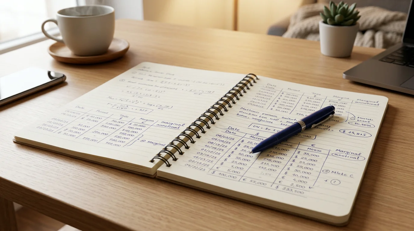 Cuaderno abierto con anotaciones numéricas y un bolígrafo sobre un escritorio ordenado