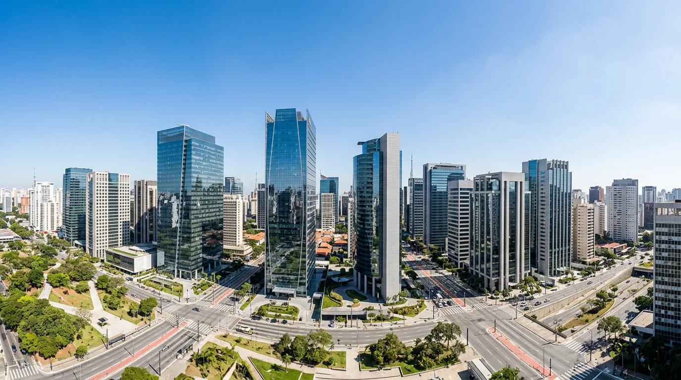 Vista panorámica de una zona financiera brasileña con edificios modernos bajo cielo azul