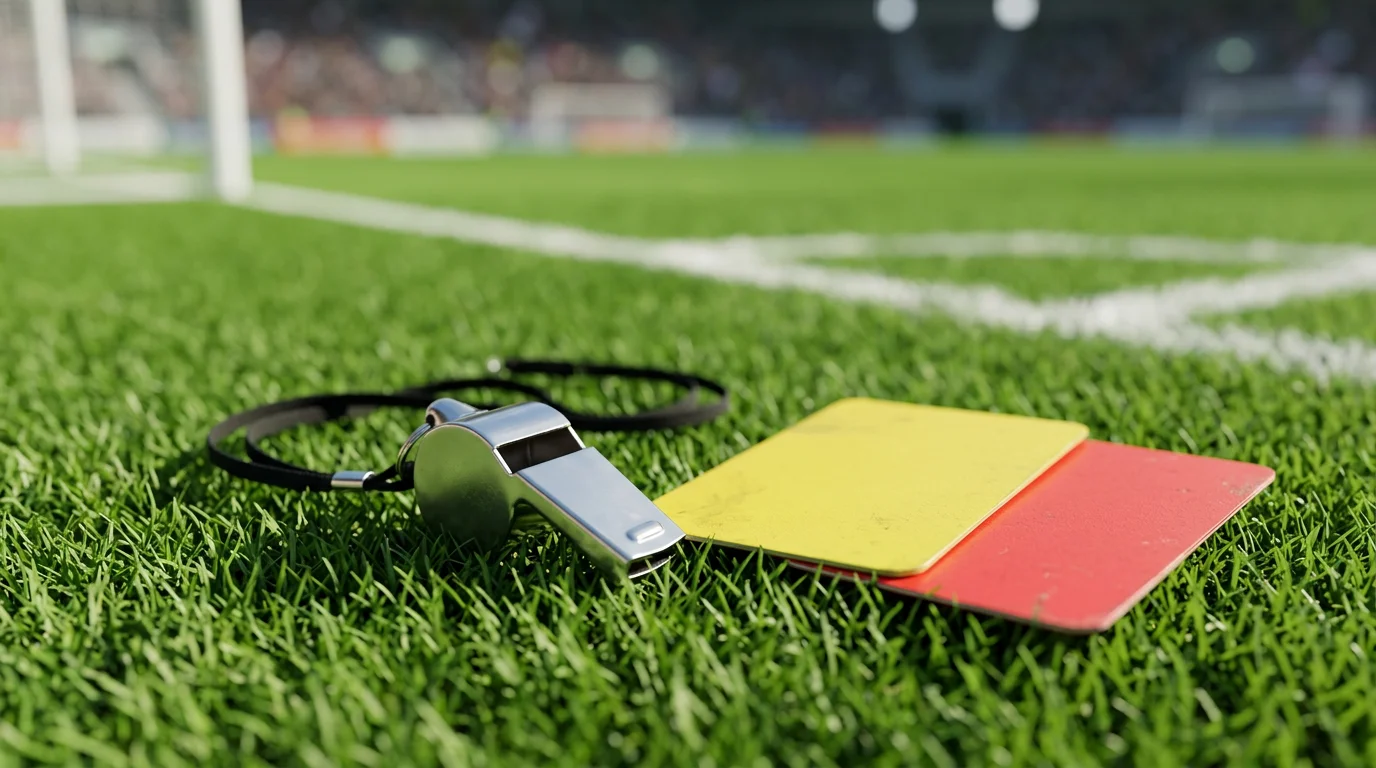 Silbato de árbitro de fútbol sobre un campo de césped con tarjetas amarilla y roja al lado