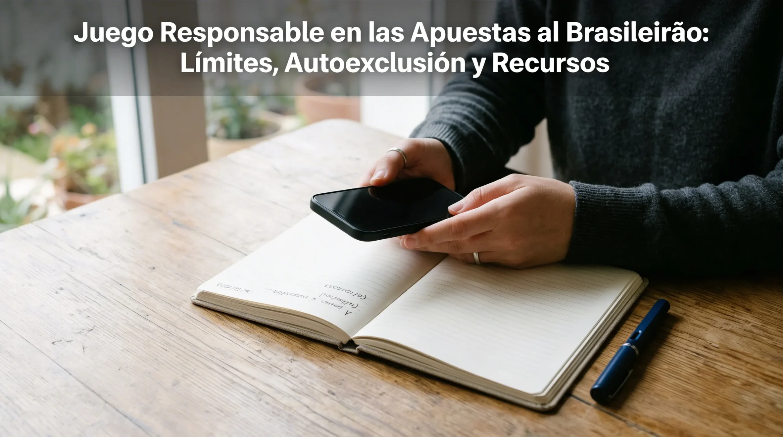 Manos sosteniendo un móvil con la pantalla apagada sobre una mesa con un cuaderno abierto