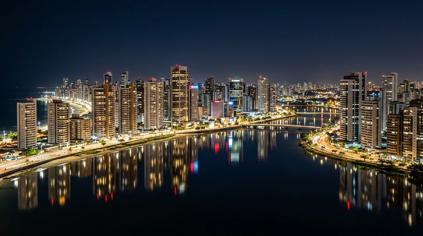 Skyline nocturno de una ciudad brasileña con rascacielos iluminados reflejándose en el agua