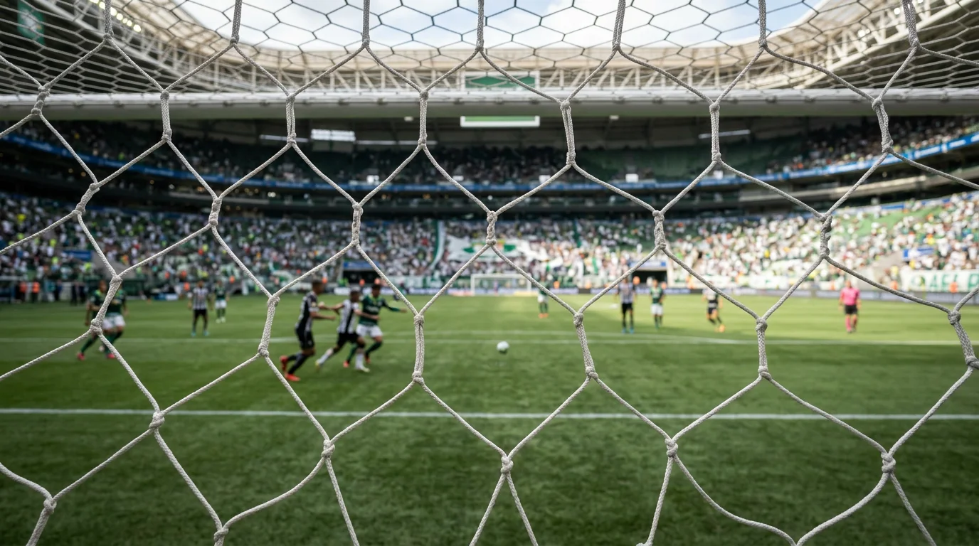 Red de portería de fútbol vista desde detrás del arco con el campo de juego al fondo