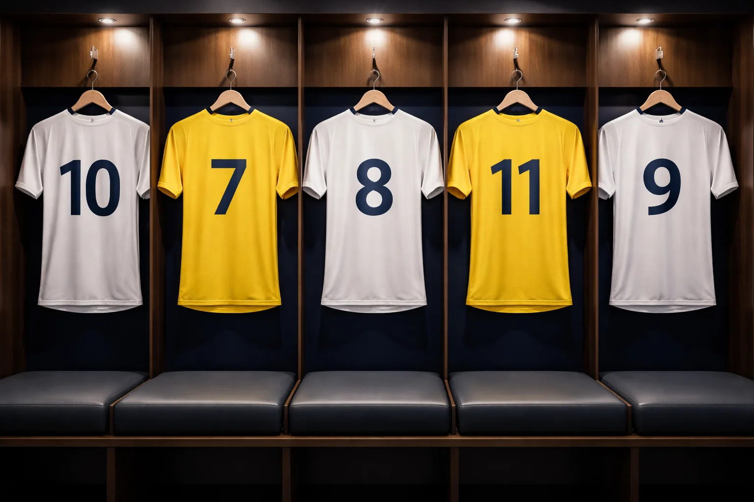 Camisetas de fútbol colgadas en un vestuario profesional con iluminación de estadio