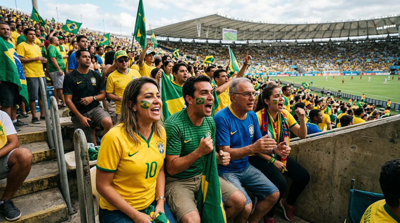Grupo diverso de aficionados brasileños en las gradas de un estadio viendo un partido de fútbol