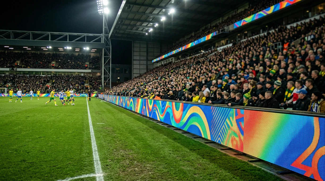 Valla publicitaria electrónica al borde de un campo de fútbol durante un partido profesional