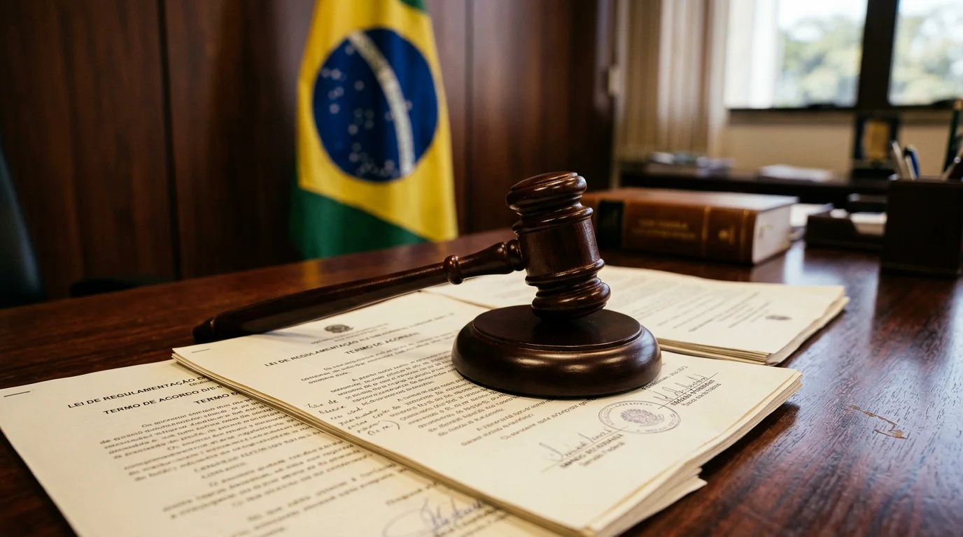 Mazo de juez sobre documentos legales con la bandera de Brasil al fondo