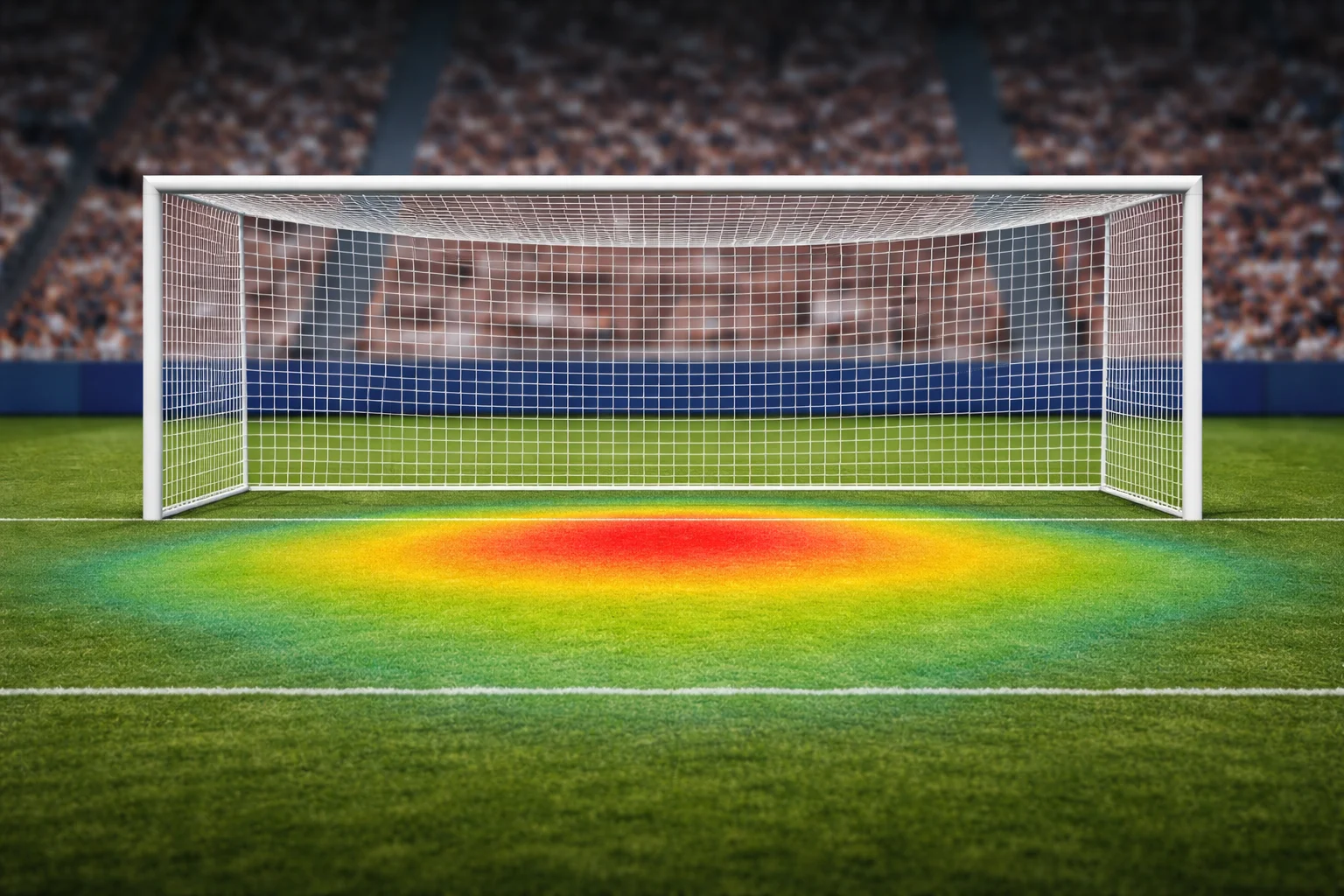 Portería de fútbol vista de frente con marcas de calor superpuestas en el área indicando zonas de disparo